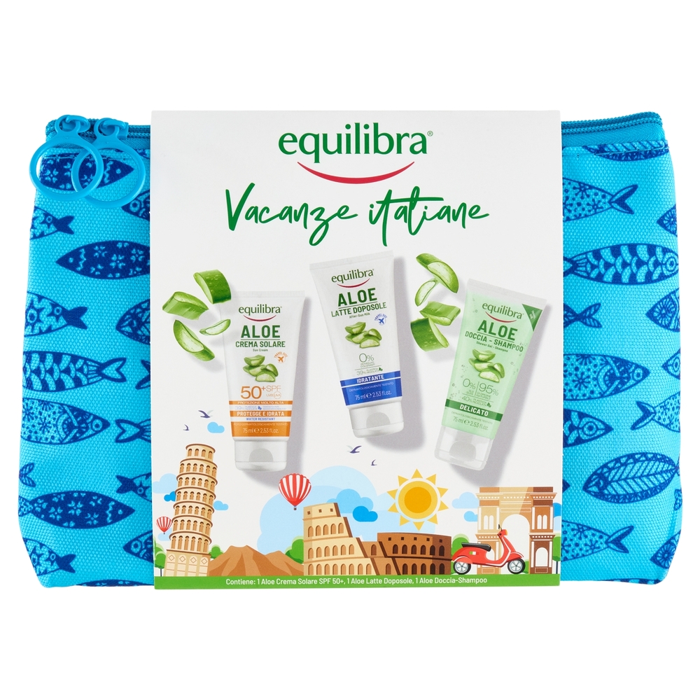 equilibra Vacanze italiane Aloe Crema Solare SPF50+ 75ml, Latte Doposole 75ml e Doccia-Shampoo 75ml